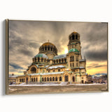 Framed canvas featuring a vintage-style landscape painting of a Bulgarian scenery in muted earth tones.