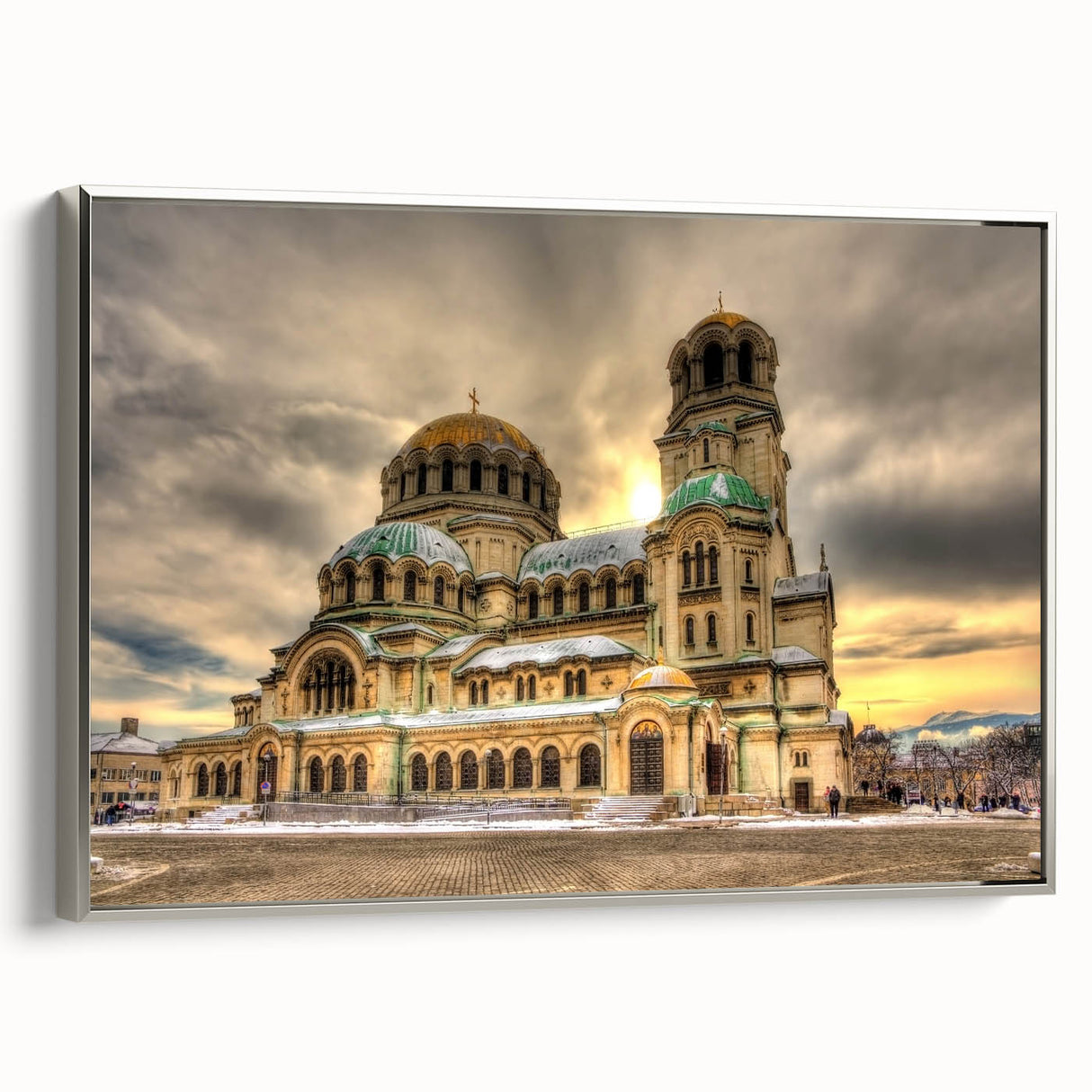 Landscape art painting of a Bulgarian scenery on framed canvas, featuring vibrant colors and vintage poster style.