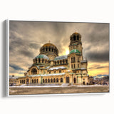 Vintage poster art of a colorful Bulgarian scenery on a large framed canvas, ideal for living room decor.