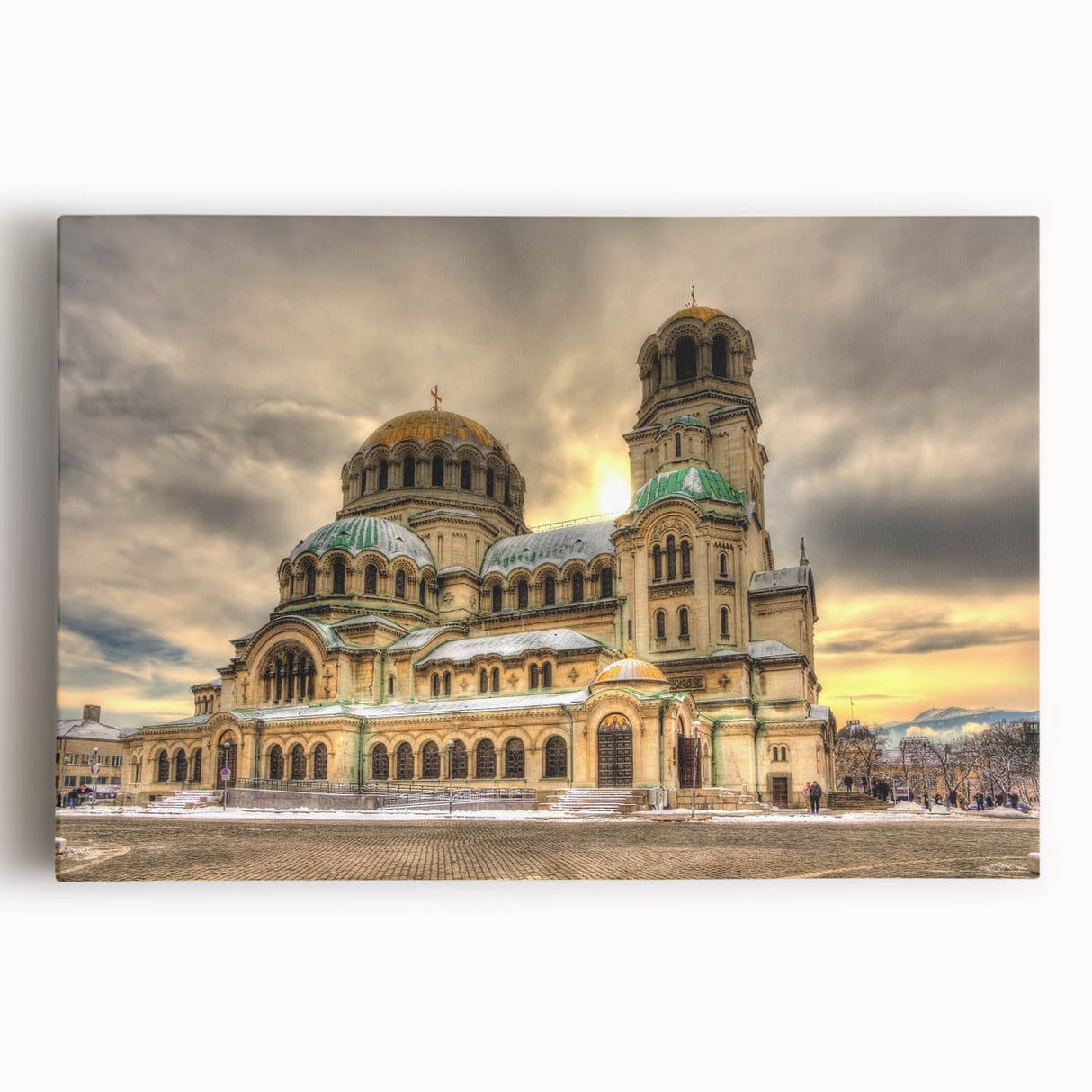 Black and white photograph of a European cityscape on stretched canvas, suitable for kitchen or bedroom wall art.