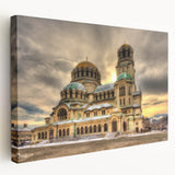 Landscape painting of a Bulgarian countryside on stretched canvas, featuring lush green fields under a clear blue sky.