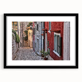 Abstract art print of a vibrant Croatian landscape in textured colors on a large framed canvas, ideal for living room decor.