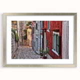 Extra large abstract art print of a Croatian landscape in textured silver frame, ideal for living room decor.