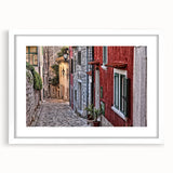 Textured abstract art print depicting a Croatian landscape in muted earth tones on a framed white mat.