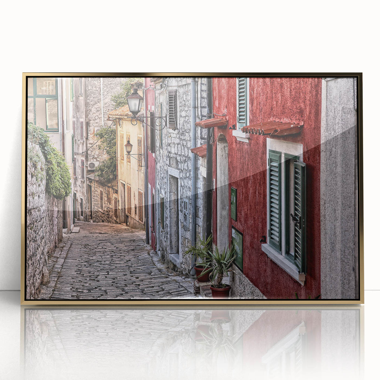 Art deco style poster of a Croatian landscape, framed in acrylic with gold accents, suitable for modern art wall decor.