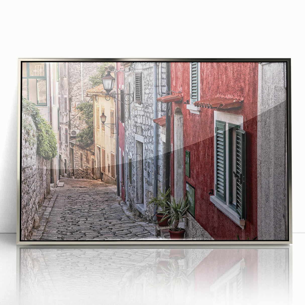 Large art print of a Croatian landscape in silver framed acrylic, featuring mid-century modernist style and soft earth tones.