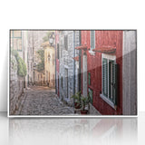 Mid-century modernist art depicting a Croatian landscape in muted earth tones on a framed acrylic print.