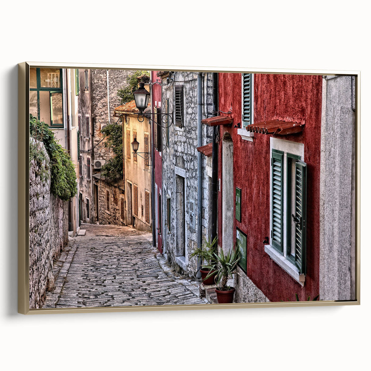 Landscape painting of a Croatian scenery on framed canvas, featuring muted earth tones, ideal for bedroom wall decor.