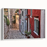 Vintage poster art of a Croatian scenery on framed canvas, featuring vibrant colors, ideal for living room decor.