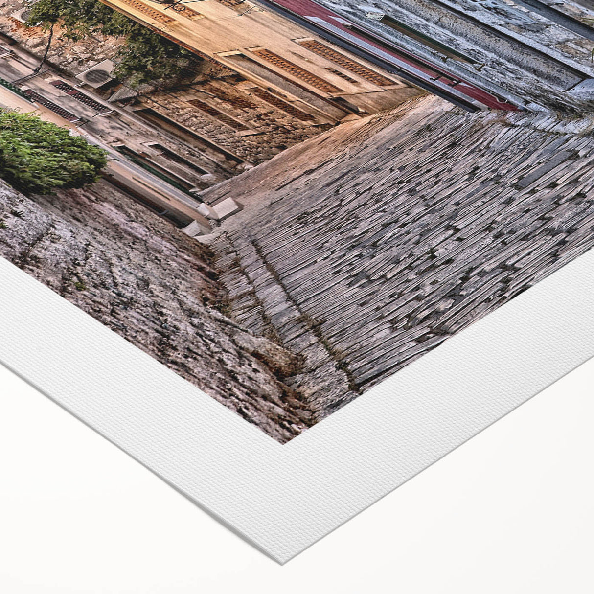 Art deco poster of a Croatian landscape, featuring muted earth tones on a rolled canvas, suitable for dining room decor.