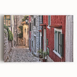 Black and white stretched canvas of a European coastal town, ideal for kitchen wall art or bedroom ambiance.