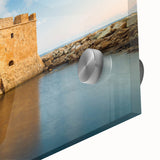 Large abstract wall art of a European Cyprus scenery in muted earth tones on acrylic glass.