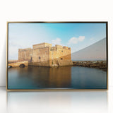 Acrylic print of a European Cyprus landscape in gold frame, featuring muted earth tones, ideal for modern art wall decor.