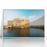 Mid-century modernist art depicting a serene Cyprus landscape in pastel shades on a framed acrylic print.