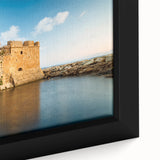 Extra large framed canvas of a textured European Cyprus landscape in black with colorful accents.