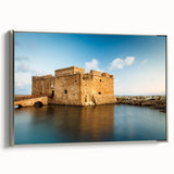 Landscape art painting of a European Cyprus scenery on a framed canvas, featuring vibrant colors against a black background.