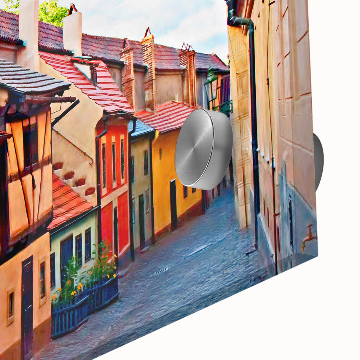 Mid-century modernist art of Prague skyline in muted earth tones on large acrylic glass, ideal for dining room art.