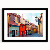 Extra large abstract art print of Prague in vibrant colors, textured finish on framed canvas, ideal for living room decor.