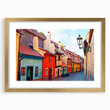 Extra large wall art depicting an abstract Prague cityscape in textured gold and brown tones, framed with a mat.