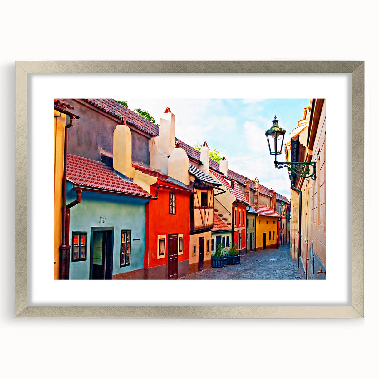 Textured art of Prague skyline in muted earth tones on a framed canvas, suitable for bedroom decor.