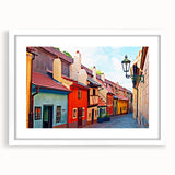 Abstract art print of Prague skyline in muted gray and blue tones on a framed white mat, ideal for dining room decor.