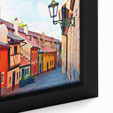 Extra large framed canvas of a textured Prague cityscape in black with colorful art accents, ideal for living room decor.