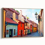 Framed canvas depicting a vintage-style Prague landscape in muted grays and golds, ideal for bedroom wall art.