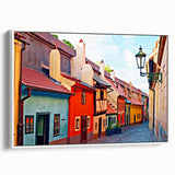 Vintage poster art of Prague with colorful accents on extra large framed canvas, suitable for living room decor.