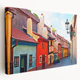 Prague cityscape on stretched canvas featuring muted earth tones, ideal for kitchen wall art.