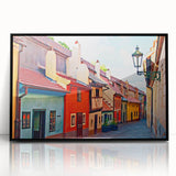 Large abstract wall art of Prague skyline in muted gray and blue tones on a framed acrylic.