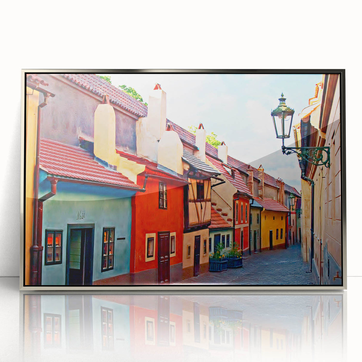 Mid-century modernist art of Prague skyline in muted earth tones on a silver-framed acrylic.