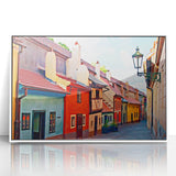 Art deco poster of Prague skyline in muted gray and blue tones, framed acrylic, suitable for modern art wall decor.