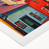 Art deco poster of Prague skyline in muted earth tones on rolled canvas, suitable for dining room decor.