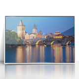 Framed acrylic print of a Czech Republic scenery in mid-century modernist style, featuring muted earth tones.