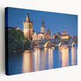 Large stretched canvas depicting a serene Czech Republic landscape in soft green and blue tones, ideal for kitchen wall art.