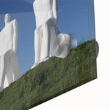 Large abstract wall art depicting a mid-century modernist Danish landscape in muted earth tones, printed on acrylic glass.