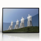 Large abstract wall art depicting a Danish landscape in muted green and blue tones, framed in black acrylic.