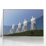 Art Deco style poster depicting a serene Denmark landscape in muted colors, framed in white acrylic.