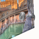 Large abstract wall art of Bath, England in muted gray and blue tones on acrylic glass, ideal for dining room decor.