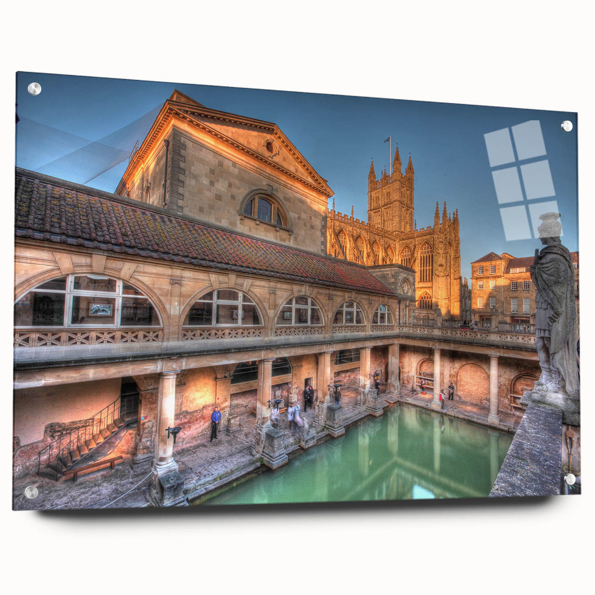 Acrylic glass print of a European cityscape in muted earth tones, ideal for dining room decor.