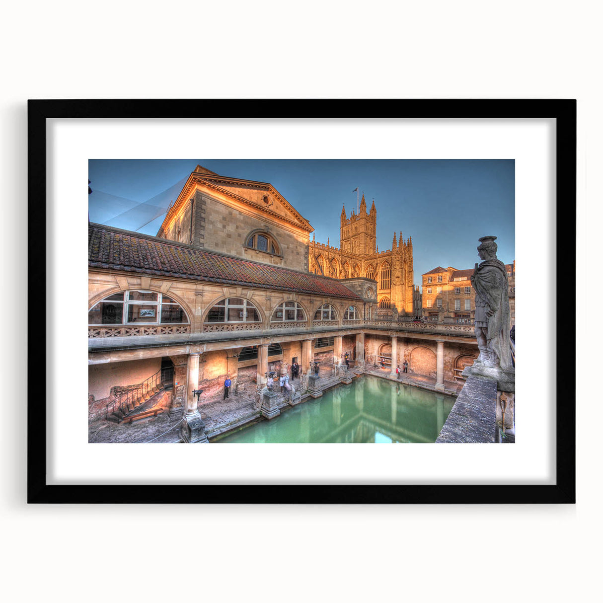 Extra large abstract art print of a colorful European scenery, ideal for living room decor, in a black frame with mat.