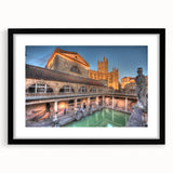 Extra large abstract art print of a colorful European scenery, ideal for living room decor, in a black frame with mat.