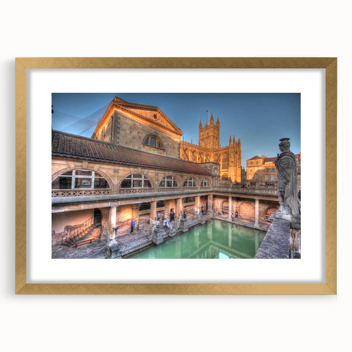 Abstract art print of Bath, England, featuring soft pastel shades on a framed gold mat, ideal for dining room decor.