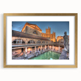 Abstract art print of Bath, England, featuring soft pastel shades on a framed gold mat, ideal for dining room decor.