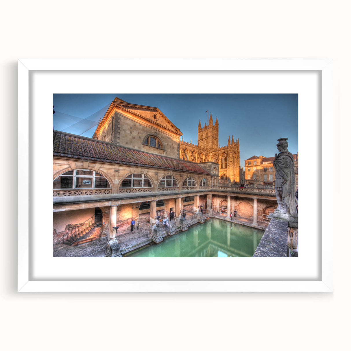 Textured abstract art print of a European scenery in muted earth tones on a framed white mat, ideal for bedroom art.