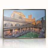 Art deco poster of Bath, England, featuring golden and teal hues on framed acrylic, ideal for modern art wall decor.