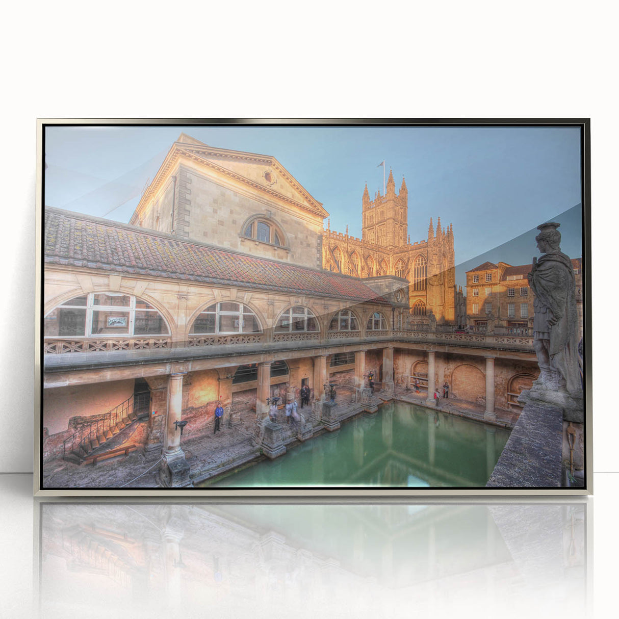 Large art print of Bath, England in muted colors on silver-framed acrylic, ideal for modern art wall decor.