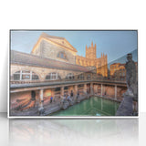 Mid-century modernist art of Bath, England in muted blue and white tones on framed acrylic, ideal for nursery wall decor.