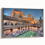 Vintage poster art of Bath, England landscape on framed canvas, featuring muted gold and black tones.