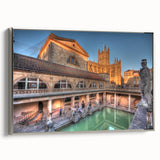 Landscape art painting of Bath, England in vintage poster style on framed canvas, featuring muted earth tones.
